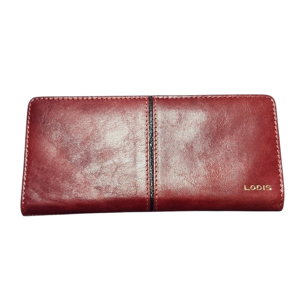 Lodis Indie Slim Leather Continental Wallet Red Black Stripe Checkbook Clutch